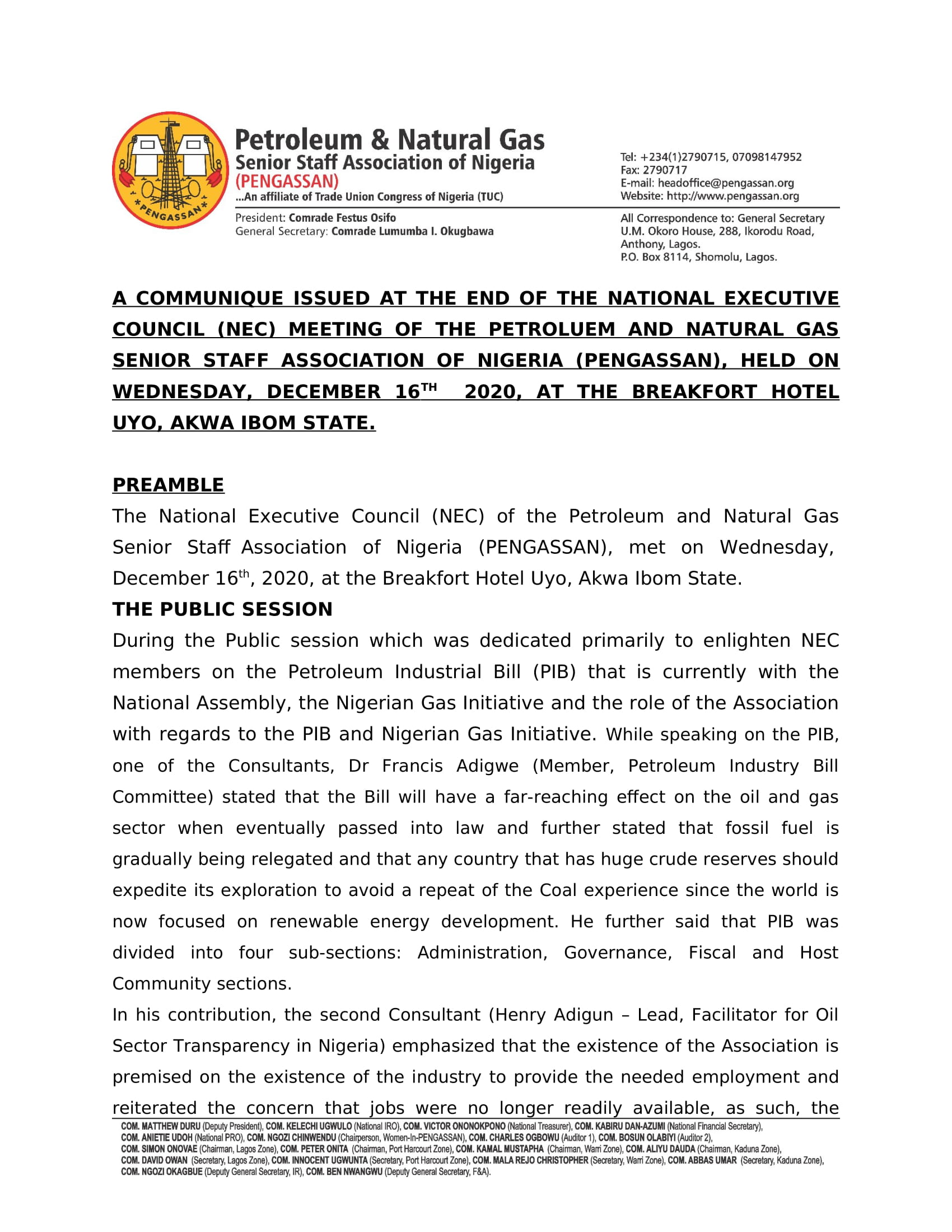 A COMMUNIQUE ISSUED AT THE END OF THE NEC MEETING OF PENGASSAN, HELD ON WEDNESDAY, DEC. 16TH 2020, UYO
